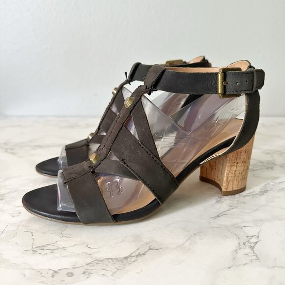 Franco Sarto Paloma Cork Heel Dark Gray Leather Strappy Sandal - Size 6.5 - Picture 1 of 12